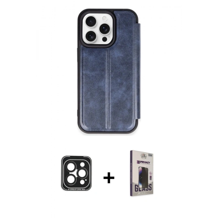 MARSİLYAN™- iPhone 15 Pro Max Kılıf Zirve Yansıma Serisi - Siyah Bilvis Hayalet Cam Ekran Koruyucu + PVD Metal Kamera Lens - SH