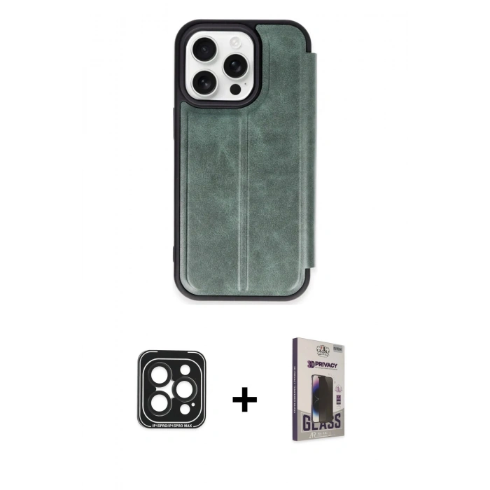 MARSİLYAN™- iPhone 15 Pro Max Kılıf Zirve Yansıma Serisi - Siyah Bilvis Hayalet Cam Ekran Koruyucu + PVD Metal Kamera Lens - SH