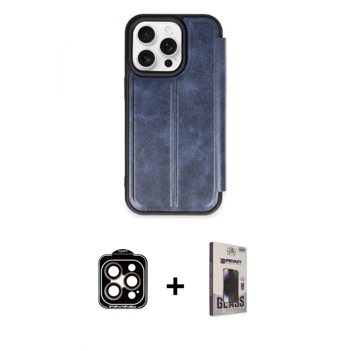 MARSİLYAN™- iPhone 15 Pro Max Kılıf Zirve Yansıma Serisi - Siyah Bilvis Hayalet Cam Ekran Koruyucu + PVD Metal Kamera Lens - TU