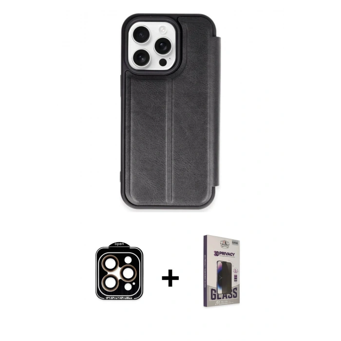 MARSİLYAN™- iPhone 15 Pro Max Kılıf Zirve Yansıma Serisi - Siyah Bilvis Hayalet Cam Ekran Koruyucu + PVD Metal Kamera Lens - TU