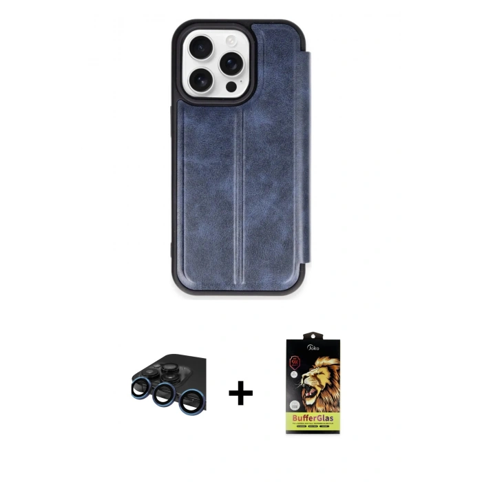 MARSİLYAN™- iPhone 15 Pro Max Kılıf Zirve Yansıma Serisi - Siyah Buffer Cam Ekran Koruyucu + Lacivert Raze Metal Kamera Lens