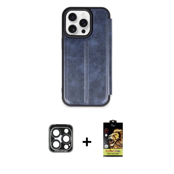 MARSİLYAN™- iPhone 15 Pro Max Kılıf Zirve Yansıma Serisi - Siyah Buffer Cam Ekran Koruyucu + PVD Metal Kamera Lens - LT