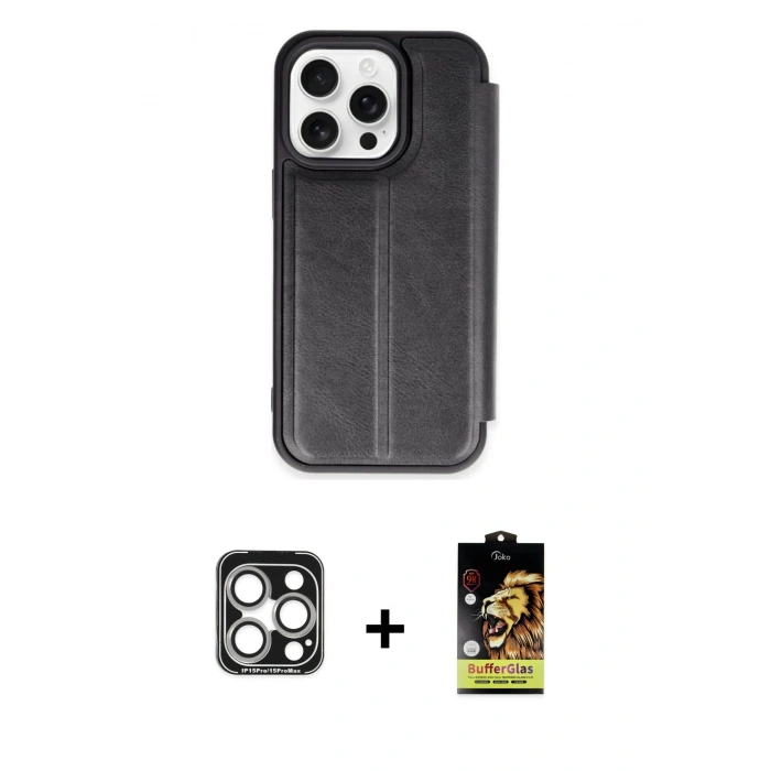 MARSİLYAN™- iPhone 15 Pro Max Kılıf Zirve Yansıma Serisi - Siyah Buffer Cam Ekran Koruyucu + PVD Metal Kamera Lens - GS