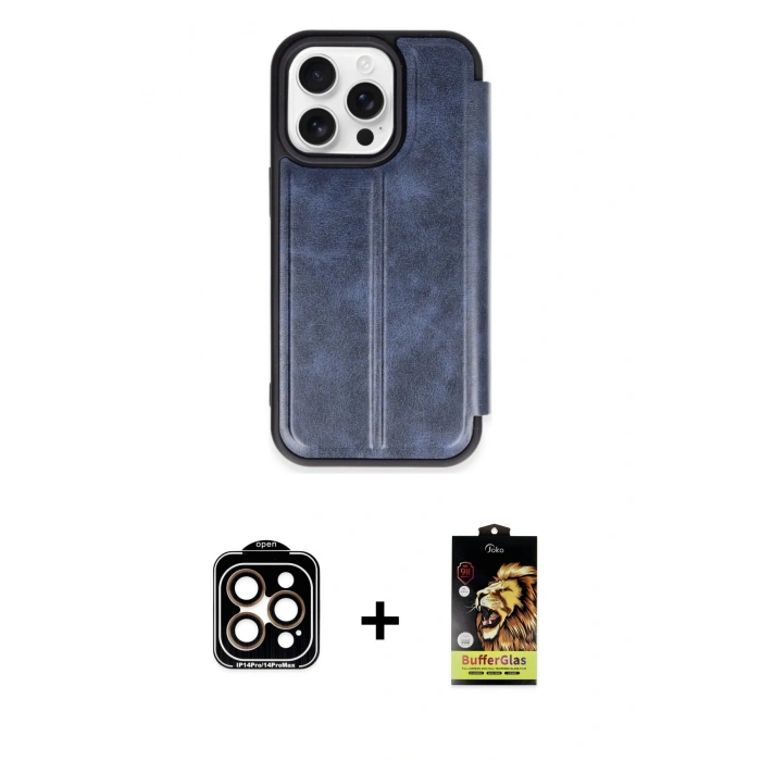 MARSİLYAN™- iPhone 15 Pro Max Kılıf Zirve Yansıma Serisi - Siyah Buffer Cam Ekran Koruyucu + PVD Metal Kamera Lens - TU