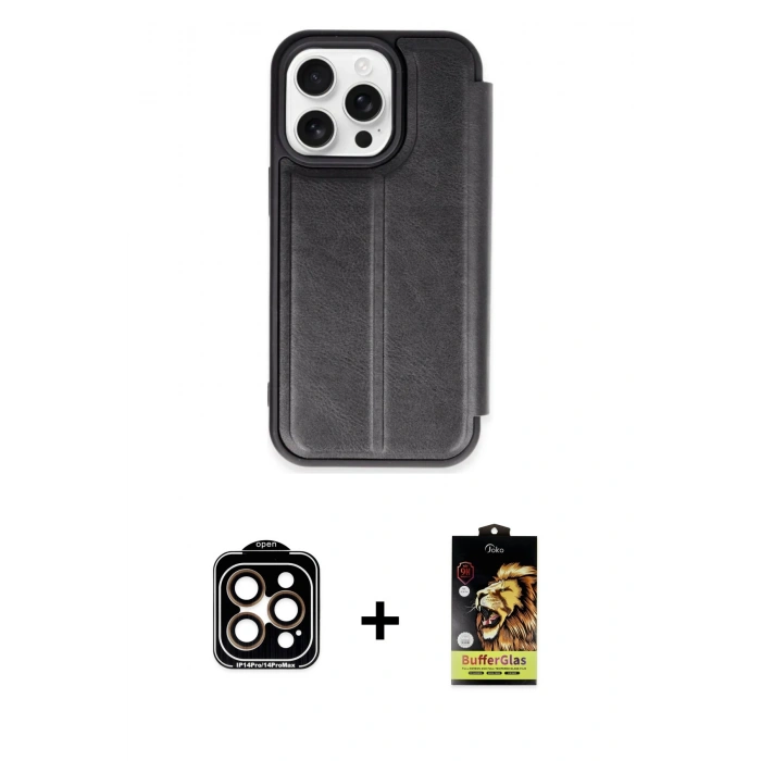 MARSİLYAN™- iPhone 15 Pro Max Kılıf Zirve Yansıma Serisi - Siyah Buffer Cam Ekran Koruyucu + PVD Metal Kamera Lens - TU