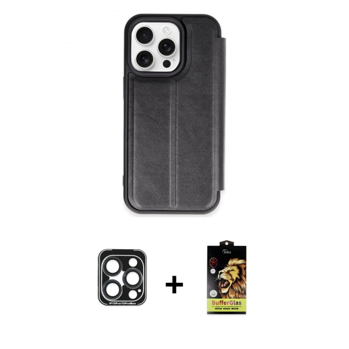 MARSİLYAN™- iPhone 15 Pro Max Kılıf Zirve Yansıma Serisi - Siyah Buffer Cam Ekran Koruyucu + PVD Metal Kamera Lens - LT