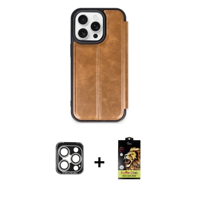 MARSİLYAN™- iPhone 15 Pro Max Kılıf Zirve Yansıma Serisi - Siyah Buffer Cam Ekran Koruyucu + PVD Metal Kamera Lens - GS