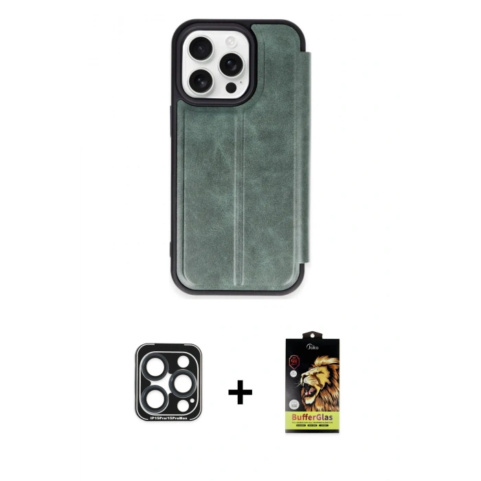 MARSİLYAN™- iPhone 15 Pro Max Kılıf Zirve Yansıma Serisi - Siyah Buffer Cam Ekran Koruyucu + PVD Metal Kamera Lens - LT