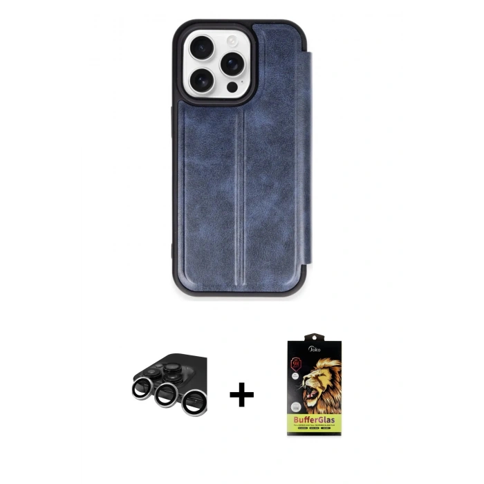 MARSİLYAN™- iPhone 15 Pro Max Kılıf Zirve Yansıma Serisi - Siyah Buffer Cam Ekran Koruyucu + Raze Metal Kamera Lens - GS