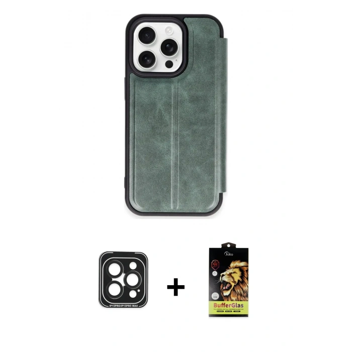 MARSİLYAN™- iPhone 15 Pro Max Kılıf Zirve Yansıma Serisi - Siyah Buffer Cam Ekran Koruyucu + PVD Metal Kamera Lens - SH