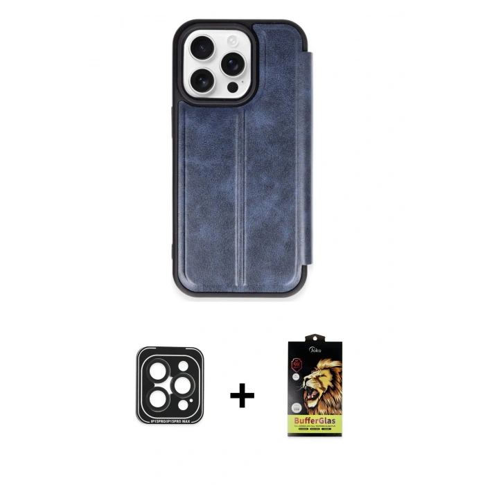 MARSİLYAN™- iPhone 15 Pro Max Kılıf Zirve Yansıma Serisi - Siyah Buffer Cam Ekran Koruyucu + PVD Metal Kamera Lens - SH