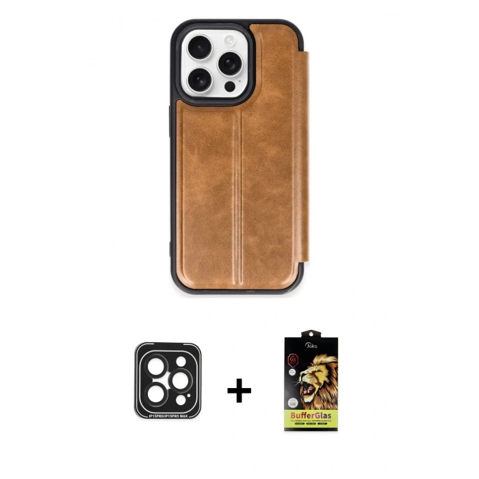 MARSİLYAN™- iPhone 15 Pro Max Kılıf Zirve Yansıma Serisi - Siyah Buffer Cam Ekran Koruyucu + PVD Metal Kamera Lens - SH