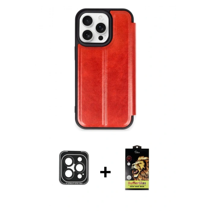 MARSİLYAN™- iPhone 15 Pro Max Kılıf Zirve Yansıma Serisi - Siyah Buffer Cam Ekran Koruyucu + PVD Metal Kamera Lens - SH