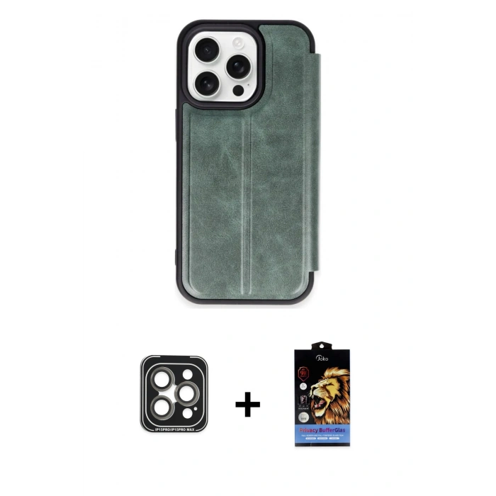 MARSİLYAN™- iPhone 15 Pro Max Kılıf Zirve Yansıma Serisi - Siyah Buffer Hayalet Cam Ekran Koruyucu + PVD Metal Kamera Lens - GI