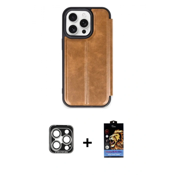 MARSİLYAN™- iPhone 15 Pro Max Kılıf Zirve Yansıma Serisi - Siyah Buffer Hayalet Cam Ekran Koruyucu + PVD Metal Kamera Lens - GS