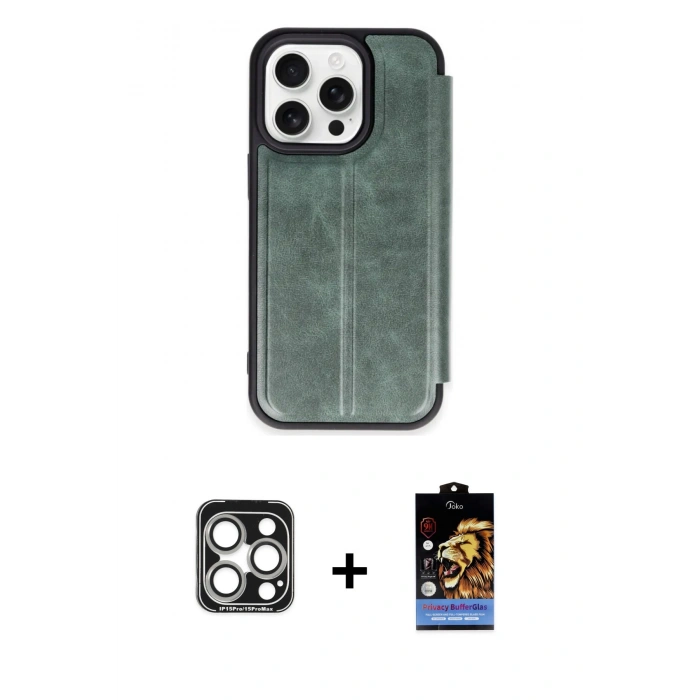 MARSİLYAN™- iPhone 15 Pro Max Kılıf Zirve Yansıma Serisi - Siyah Buffer Hayalet Cam Ekran Koruyucu + PVD Metal Kamera Lens - GS