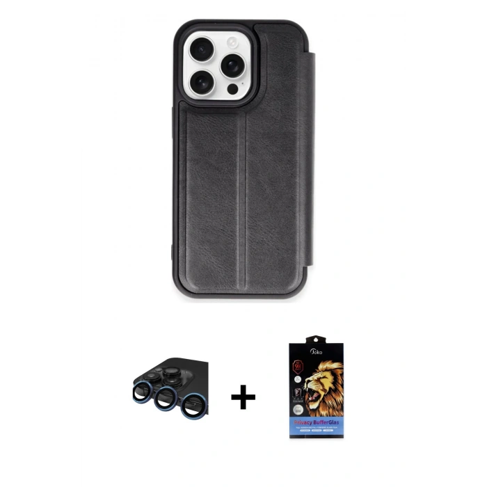 MARSİLYAN™- iPhone 15 Pro Max Kılıf Zirve Yansıma Serisi - Siyah Buffer Hayalet Cam Ekran Koruyucu + Raze Metal Kamera Lens - LT