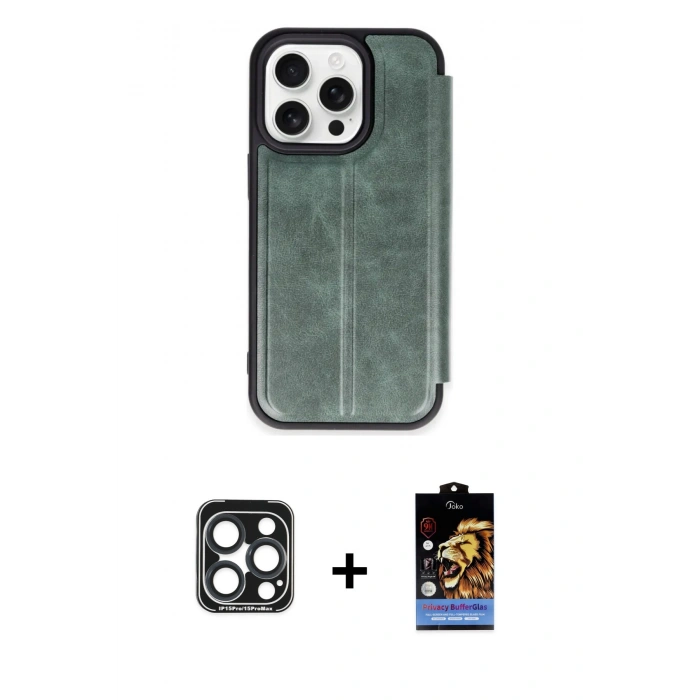 MARSİLYAN™- iPhone 15 Pro Max Kılıf Zirve Yansıma Serisi - Siyah Buffer Hayalet Cam Ekran Koruyucu + PVD Metal Kamera Lens - LT