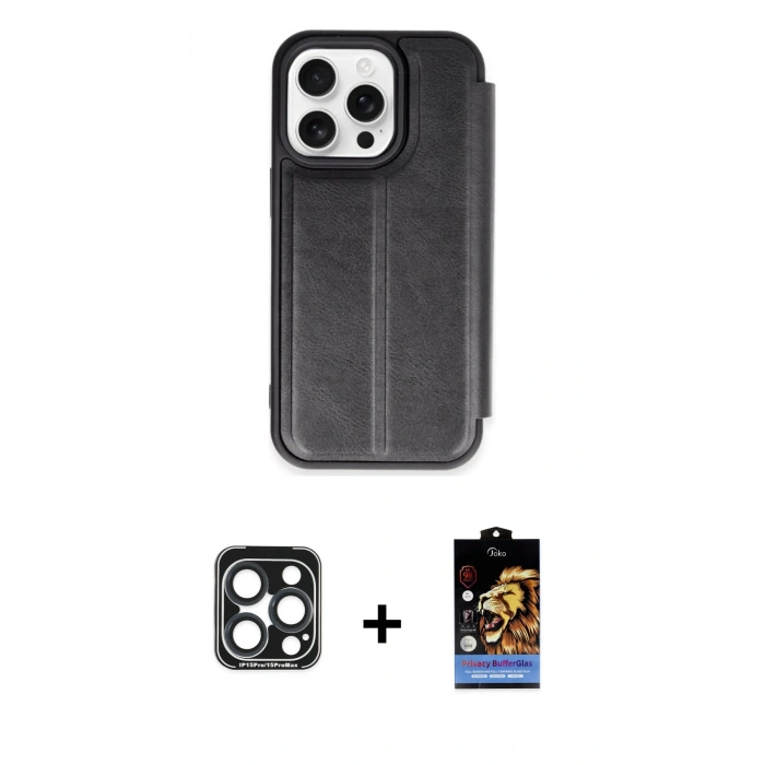 MARSİLYAN™- iPhone 15 Pro Max Kılıf Zirve Yansıma Serisi - Siyah Buffer Hayalet Cam Ekran Koruyucu + PVD Metal Kamera Lens - LT