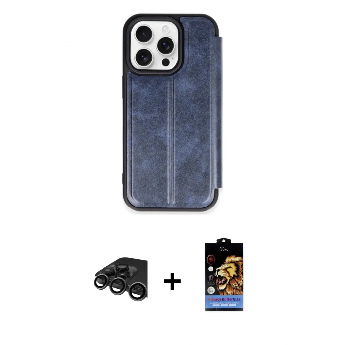 MARSİLYAN™- iPhone 15 Pro Max Kılıf Zirve Yansıma Serisi - Siyah Buffer Hayalet Cam Ekran Koruyucu + Raze Metal Kamera Lens - TMGI