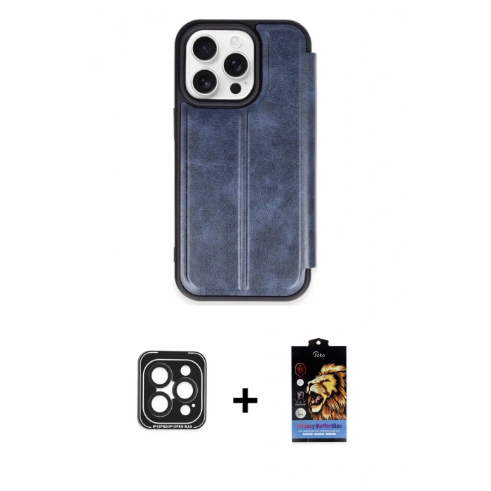 MARSİLYAN™- iPhone 15 Pro Max Kılıf Zirve Yansıma Serisi - Siyah Buffer Hayalet Cam Ekran Koruyucu + PVD Metal Kamera Lens - SH