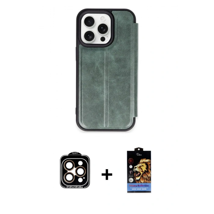 MARSİLYAN™- iPhone 15 Pro Max Kılıf Zirve Yansıma Serisi - Siyah Buffer Hayalet Cam Ekran Koruyucu + PVD Metal Kamera Lens - TU