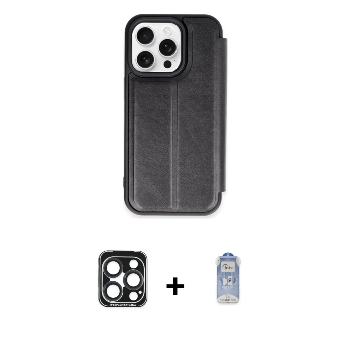 MARSİLYAN™- iPhone 15 Pro Max Kılıf Zirve Yansıma Serisi - Siyah Joko Magic 5D Cam + PVD Metal Kamera Lens - LT