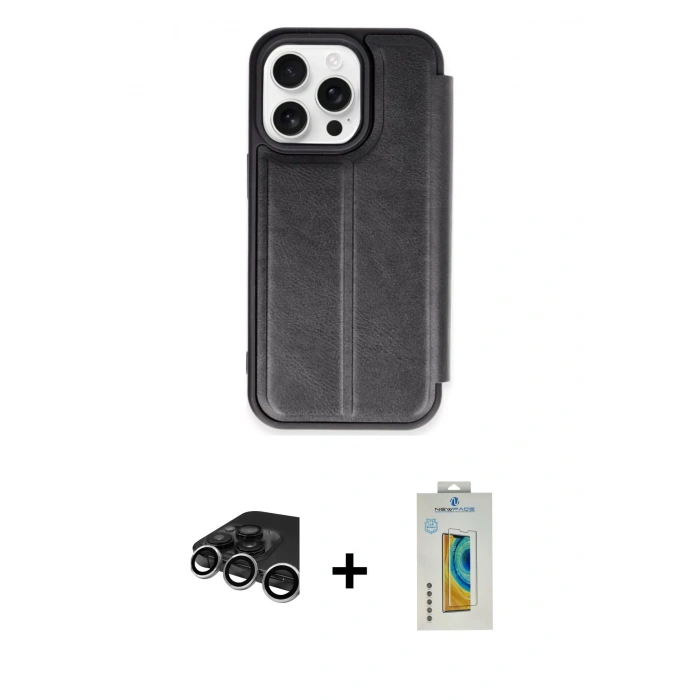 MARSİLYAN™- iPhone 15 Pro Max Kılıf Zirve Yansıma Serisi - Siyah Polymer Nano Ekran Koruyucu + Raze Metal Kamera Lens - GS