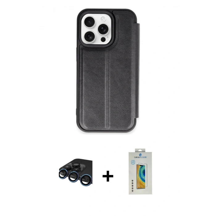 MARSİLYAN™- iPhone 15 Pro Max Kılıf Zirve Yansıma Serisi - Siyah Polymer Nano Ekran Koruyucu + Raze Metal Kamera Lens - LT