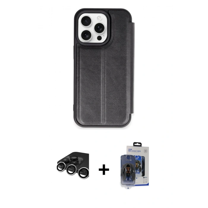 MARSİLYAN™- iPhone 15 Pro Max Kılıf Zirve Yansıma Serisi - Siyah Vanessa Magic Cam + Raze Metal Kamera Lens - GS