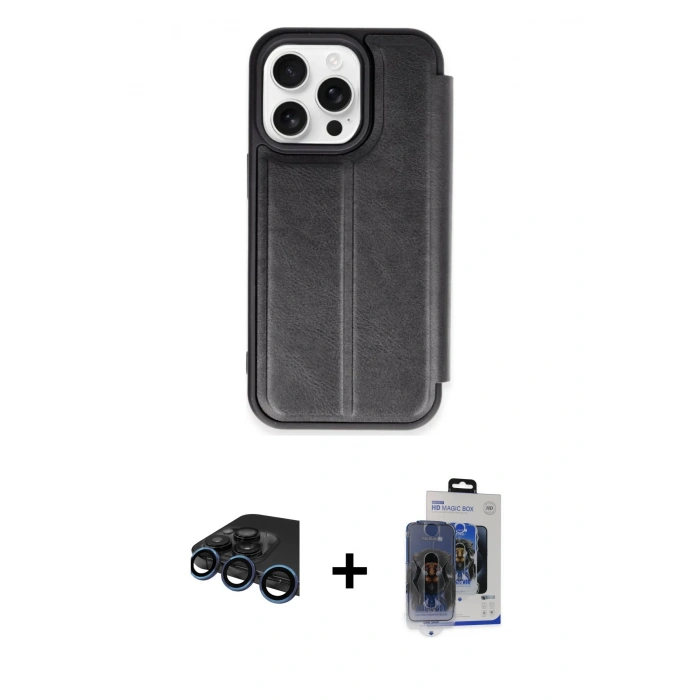 MARSİLYAN™- iPhone 15 Pro Max Kılıf Zirve Yansıma Serisi - Siyah Vanessa Magic Cam + Raze Metal Kamera Lens - LT