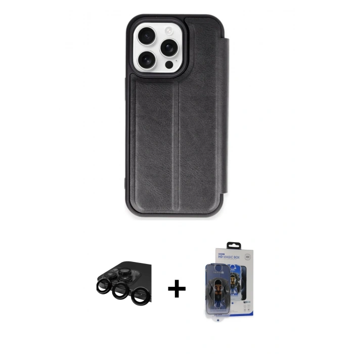 MARSİLYAN™- iPhone 15 Pro Max Kılıf Zirve Yansıma Serisi - Siyah Vanessa Magic Cam + Raze Metal Kamera Lens - SH