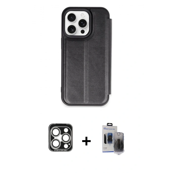 MARSİLYAN™- iPhone 15 Pro Max Kılıf Zirve Yansıma Serisi - Siyah Vanessa Magic Hayalet Cam + PVD Metal Kamera Lens - GS