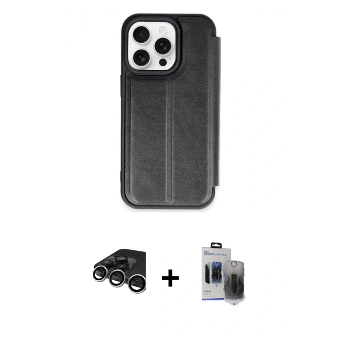 MARSİLYAN™- iPhone 15 Pro Max Kılıf Zirve Yansıma Serisi - Siyah Vanessa Magic Hayalet Cam + Gümüş Raze Metal Kamera Lens