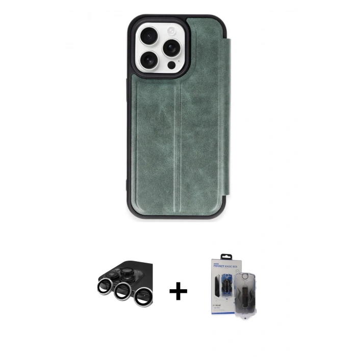 MARSİLYAN™- iPhone 15 Pro Max Kılıf Zirve Yansıma Serisi - Siyah Vanessa Magic Hayalet Cam + Gümüş Raze Metal Kamera Lens
