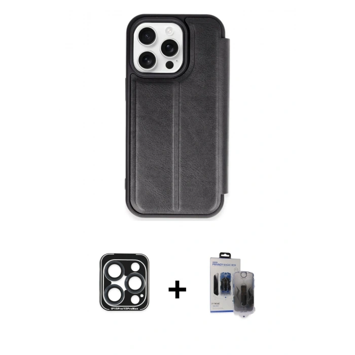 MARSİLYAN™- iPhone 15 Pro Max Kılıf Zirve Yansıma Serisi - Siyah Vanessa Magic Hayalet Cam + PVD Metal Kamera Lens - LT