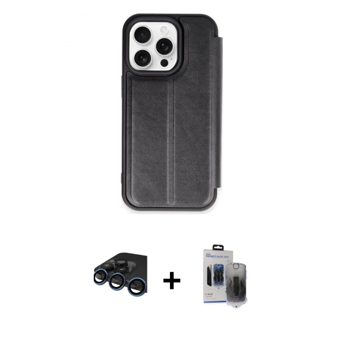 MARSİLYAN™- iPhone 15 Pro Max Kılıf Zirve Yansıma Serisi - Siyah Vanessa Magic Hayalet Cam + Raze Metal Kamera Lens - LT