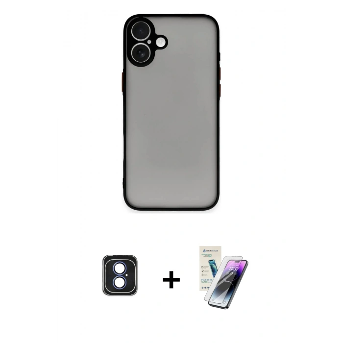 MARSİLYAN™- iPhone 16 Kılıf Ahenk Çizgi Serisi - Şeffaf Pasifik Cam Ekran Koruyucu + PVD Metal Kamera Lens - MI