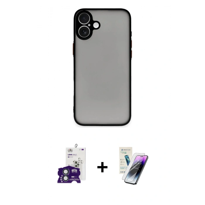 MARSİLYAN™- iPhone 16 Kılıf Ahenk Çizgi Serisi - Şeffaf Pasifik Cam Ekran Koruyucu + Bilvis Titan Kamera Lens - YL