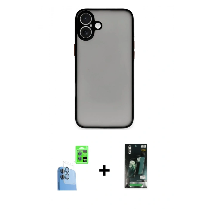 MARSİLYAN™- iPhone 16 Kılıf Ahenk Çizgi Serisi - Siyah 360 Mat Full Body Arka Koruyucu + Raze Metal Kamera Lens - LT