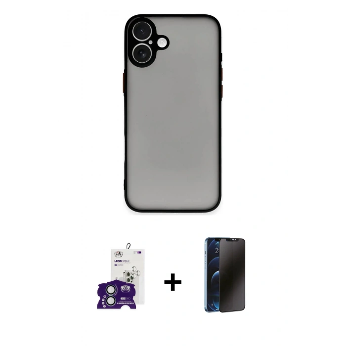 MARSİLYAN™- iPhone 16 Kılıf Ahenk Çizgi Serisi - Siyah 3D Antistatik Hayalet Cam Ekran Koruyucu + Bilvis Titan Kamera Lens - YL