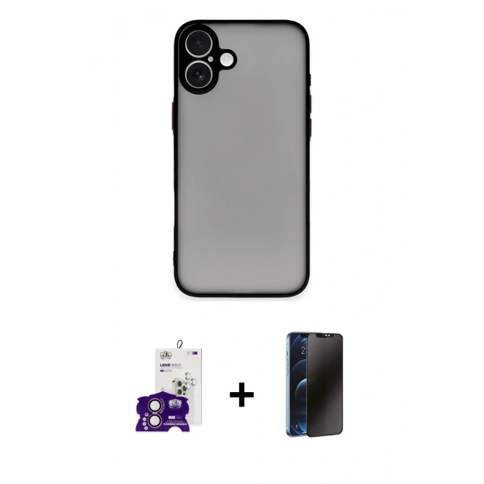 MARSİLYAN™- iPhone 16 Kılıf Ahenk Çizgi Serisi - Siyah 3D Antistatik Hayalet Cam Ekran Koruyucu + Bilvis Titan Kamera Lens - PE