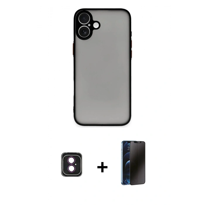 MARSİLYAN™- iPhone 16 Kılıf Ahenk Çizgi Serisi - Siyah 3D Antistatik Hayalet Cam Ekran Koruyucu + PVD Metal Kamera Lens - PE