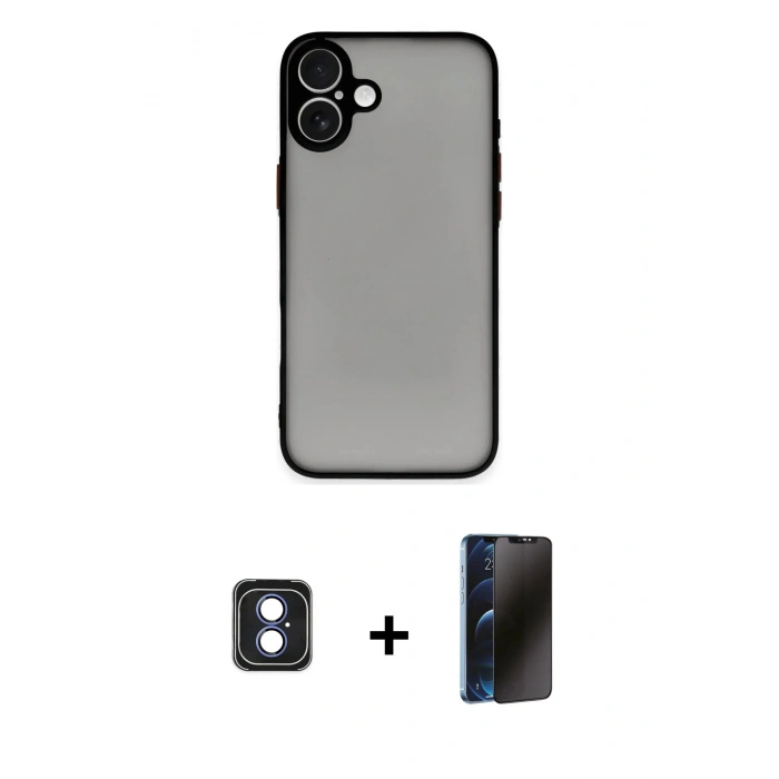 MARSİLYAN™- iPhone 16 Kılıf Ahenk Çizgi Serisi - Siyah 3D Antistatik Hayalet Cam Ekran Koruyucu + PVD Metal Kamera Lens - MI