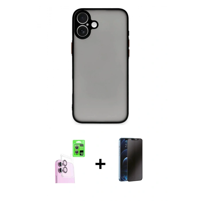MARSİLYAN™- iPhone 16 Kılıf Ahenk Çizgi Serisi - Siyah 3D Antistatik Hayalet Cam Ekran Koruyucu + Raze Metal Kamera Lens - PE