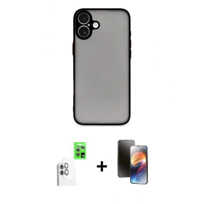 MARSİLYAN™- iPhone 16 Kılıf Ahenk Çizgi Serisi - Siyah 3D Antistatik Mat Seramik Nano Ekran Koruyucu + Raze Metal Kamera Lens - BZ