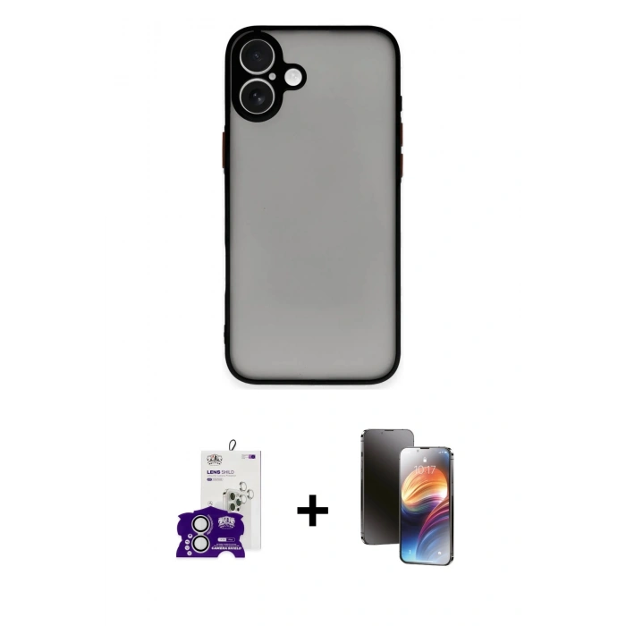 MARSİLYAN™- iPhone 16 Kılıf Ahenk Çizgi Serisi - Siyah 3D Antistatik Mat Seramik Nano Ekran Koruyucu + Bilvis Titan Kamera Lens - GS