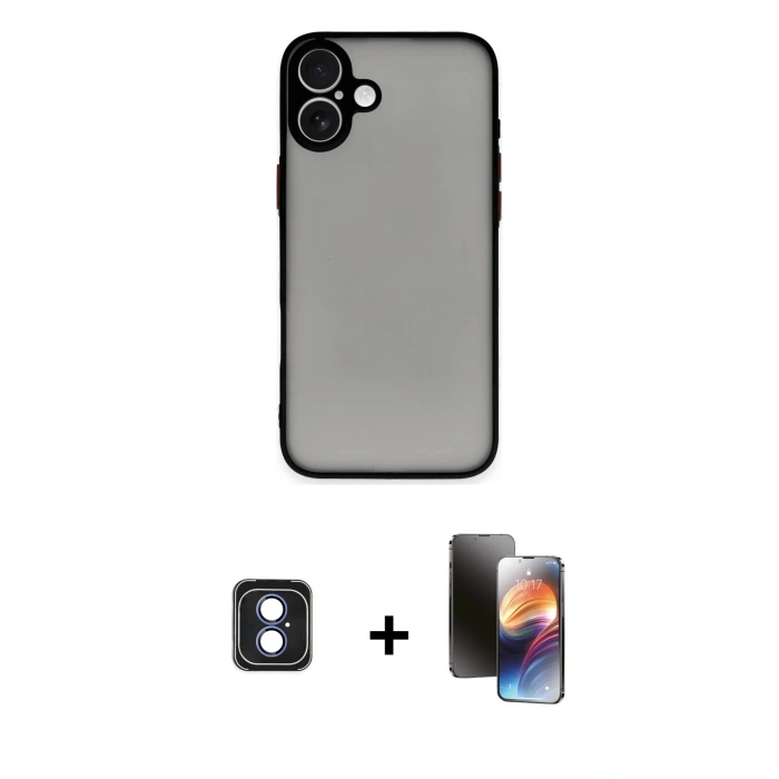 MARSİLYAN™- iPhone 16 Kılıf Ahenk Çizgi Serisi - Siyah 3D Antistatik Mat Seramik Nano Ekran Koruyucu + PVD Metal Kamera Lens - MI