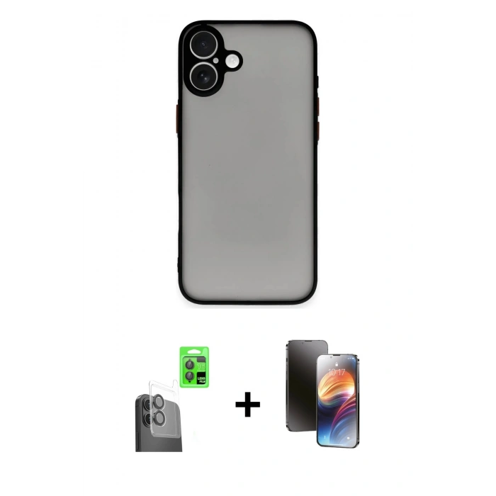 MARSİLYAN™- iPhone 16 Kılıf Ahenk Çizgi Serisi - Siyah 3D Antistatik Mat Seramik Nano Ekran Koruyucu + Raze Metal Kamera Lens - SH