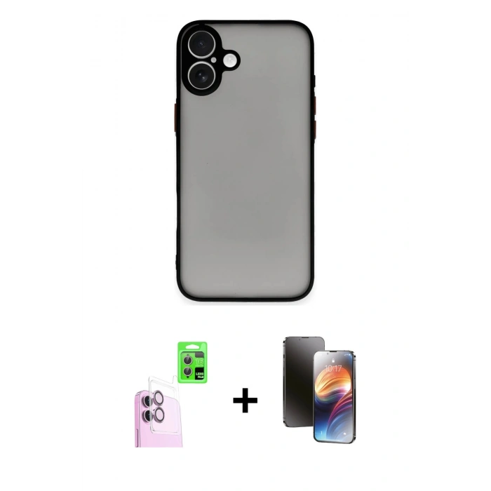 MARSİLYAN™- iPhone 16 Kılıf Ahenk Çizgi Serisi - Siyah 3D Antistatik Mat Seramik Nano Ekran Koruyucu + Raze Metal Kamera Lens - PE